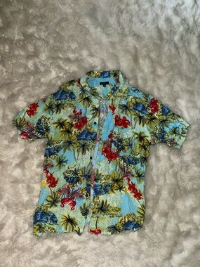 George Tropical Print Short-Sleeve Button-Down in Light Blue and Red